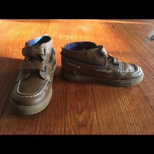 Nautical boy toddler brown leather boot velcro